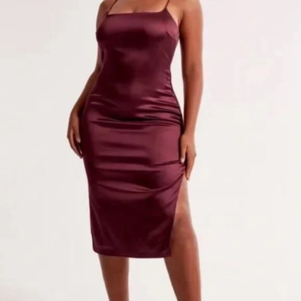 Abercrombie & Fitch Satin Slip Midi Dress in Deep Burgundy